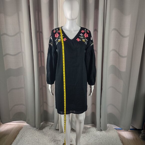 Old Navy Cotton Blend Tunic Dress Black Embroidered V-Neck Lined Size Medium - Picture 6 of 13